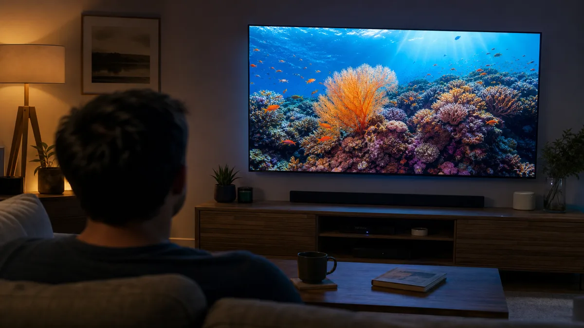 Person watching television in a dimly lit living room